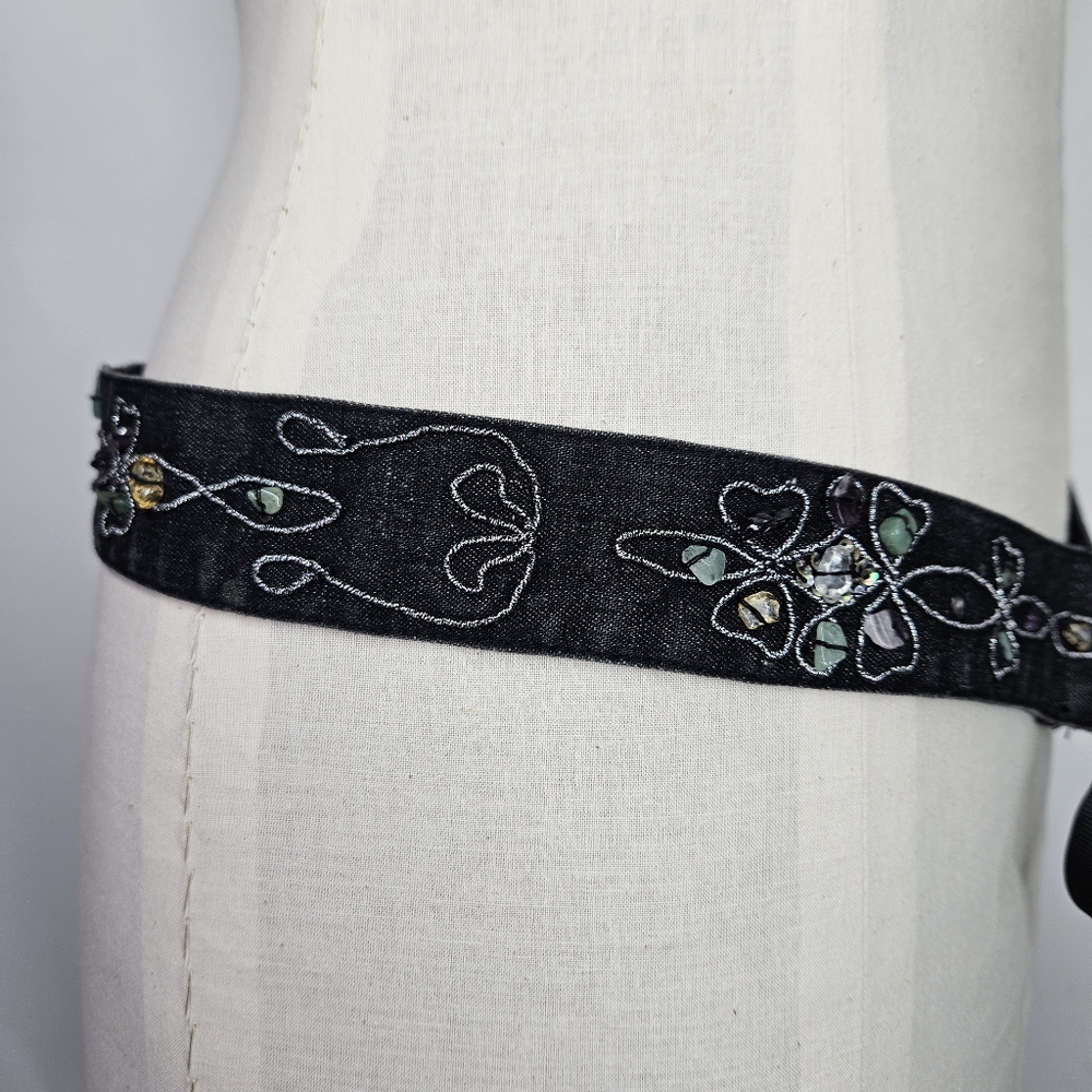 Belt 40-50" Vintage Black Denim Gemstone Embroidered Grosgrain Ribbon Wrap Tie - Picture 5 of 10
